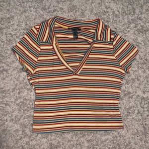 Deep V striped collared crop top